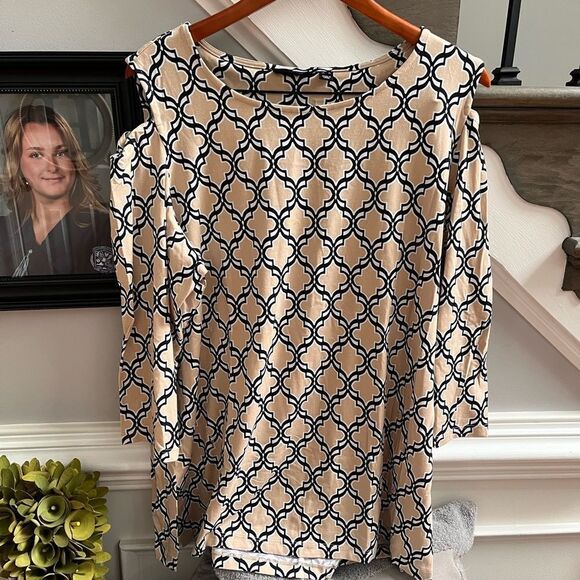 Susan Graver Tan & Black Print Cold Shoulder Tunic Top sz XL NWOT - Picture 1 of 6